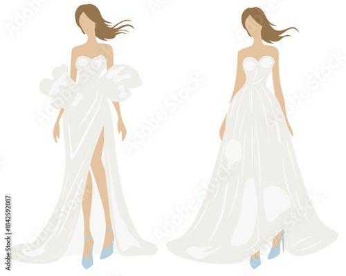 Two stylish elegant white dresses and evening gowns for women, featuring diverse silhouettes and airy, flowing fabric