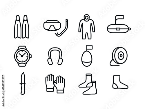 Freediving Gear Icons. Freediving Gear. Line icon set of Freediv