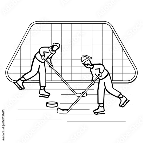 two ice hockey players practicing on an indoor rink Concept, Chasing the Puck Together vector icon design, Winter Season Element symbol, frosty weather activity Sign, coldest season stock illustration