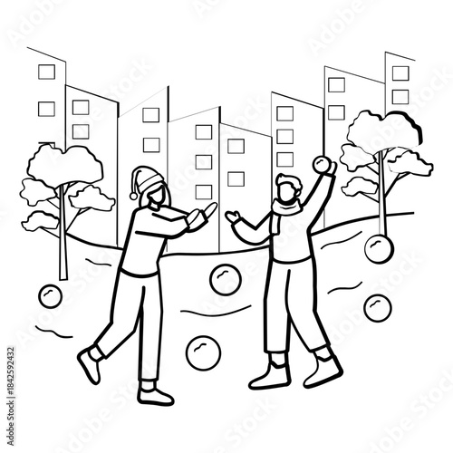 two people having a playful snowball fight outdoor Concept, vector icon design, Winter Season Element symbol, frosty weather activity Sign, coldest season stock illustration