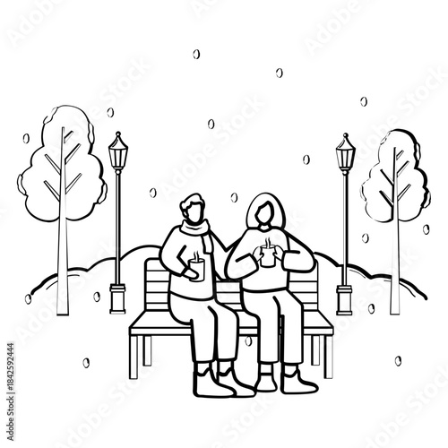 Couple Enjoying Snowfall and Hot Coffee Concept, Warm Drinks on Cold Day vector icon design, Winter Season Element symbol, frosty weather activity Sign, coldest season stock illustration