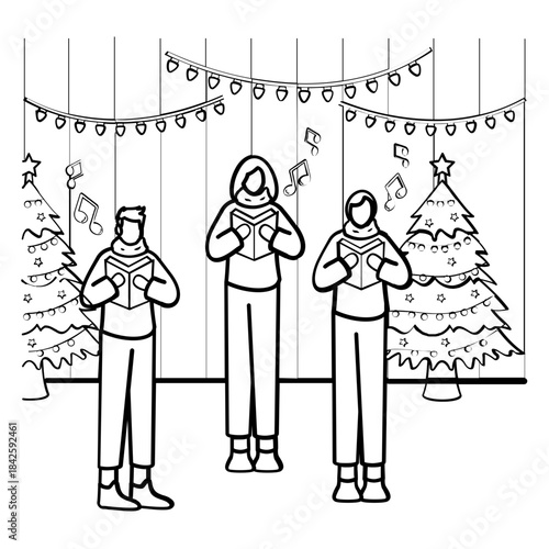 three people singing Christmas carols indoors Concept, Festive Singing Night vector icon design, Winter Season Element symbol, frosty weather activity Sign, coldest season stock illustration