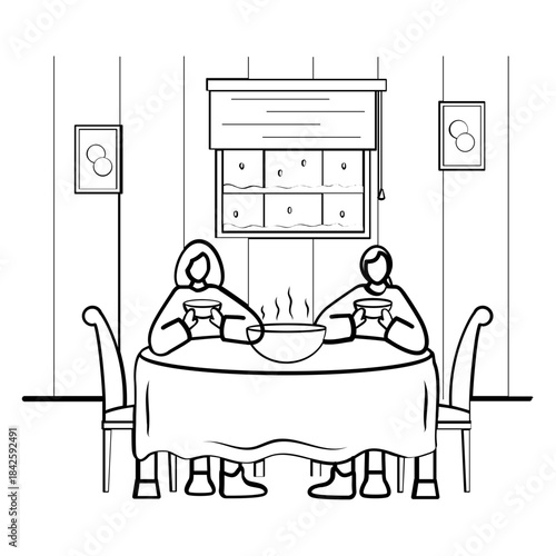 couple enjoying warm meal together concept, Peaceful Dining at Home vector icon design, Winter Season Element symbol, frosty weather activity Sign, coldest season stock illustration