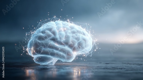Futuristic glowing human brain with digital neural connections. 3D illustration of artificial intelligence, deep learning and scientific innovation on dark background with copy space. 