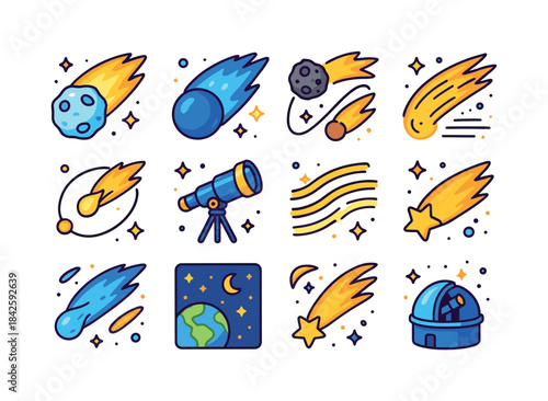Colorful Comet Icons. Comets. Colorful isometric vector icons se