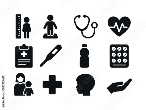 Child Health Icons. Child health monitoring. Solid icon set of c