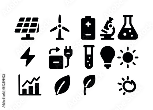 Renewable Energy Icons. Renewable energy research. Solid icon se