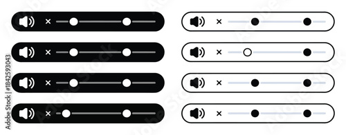 Black and White Audio Volume Slider Icon Set Featuring Mute, Low, Medium, and High Sound Levels in Flat UI Style for Media Player Interface, App Controls, and Web Design