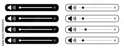 Black and White Audio Volume Slider Icon Set Featuring Mute, Low, Medium, and High Sound Levels in Flat UI Style for Media Player Interface, App Controls, and Web Design