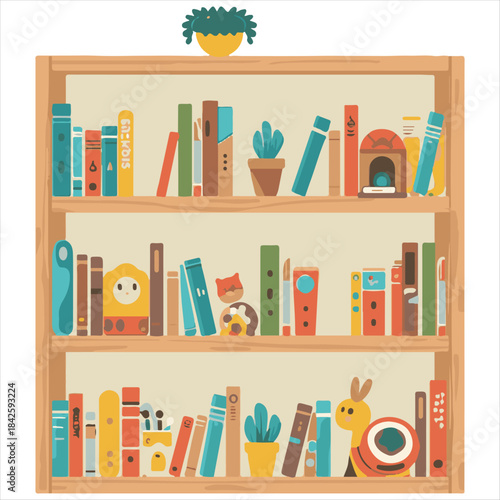 Kids Bookshelf Vector Illustration,Colorful Children Books on Shelf Art,Cute Nursery Room Bookshelf Vector'Educational Kids Room Interior DesignCartoon Style Books and Toys Vector.
