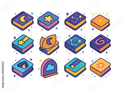 Celestial Book Icons. Celestial books. Colorful isometric vector