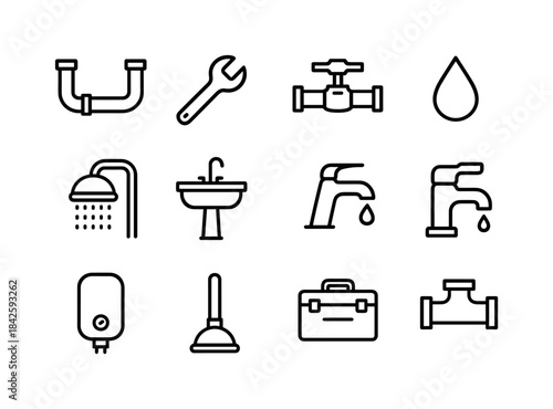 Plumbing Line Icons. Plumbing. Line icon set of Plumbing: pipe,