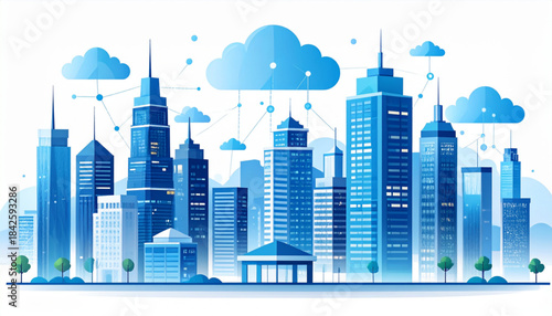 Vector Futuristic Business Center Cityscape with Cloud Data
