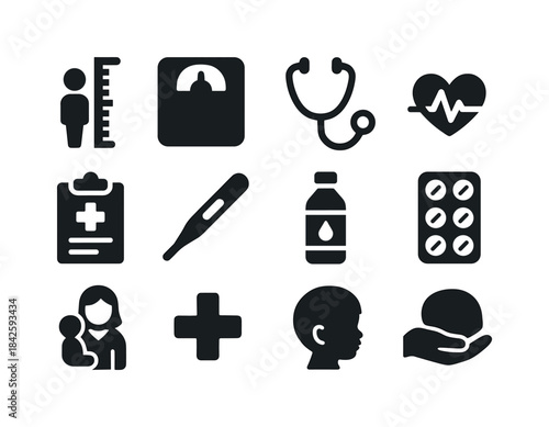 Child Health Icons. Child health monitoring. Solid icon set of c