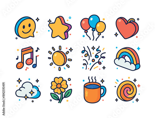 Cheerful Isometric Icons. Cheerfulness. Colorful isometric vecto