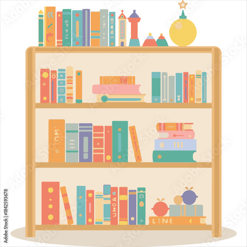 Kids Bookshelf Vector Illustration,Colorful Children Books on Shelf Art,Cute Nursery Room Bookshelf Vector'Educational Kids Room Interior DesignCartoon Style Books and Toys Vector.
