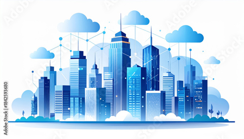 Vector Futuristic Business Center Cityscape with Cloud Data
