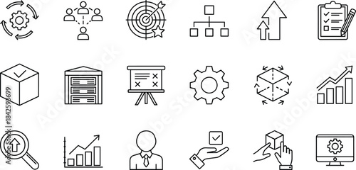 Business, management, productivity, icon, symbol, gear, chart, growth, strategy, planning, vector, illustration, CAD, drawing, flat, design, template, workflow, goal