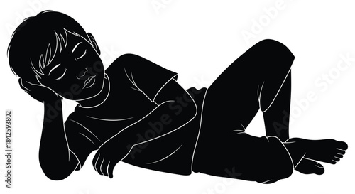 Silhouette of a young boy peacefully sleeping or resting comfortably on his side against a white background