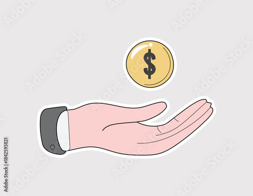 Hand Money Coin Vector Sticker symbolizing payment, savings, or investment. Suitable for financial content, business, budgeting, or e-commerce