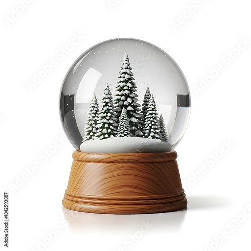 A festive snow globe with a miniature winter forest isolated on white background