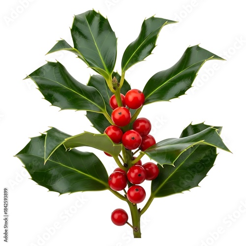 Sprig of holly with red berries isolated on white background