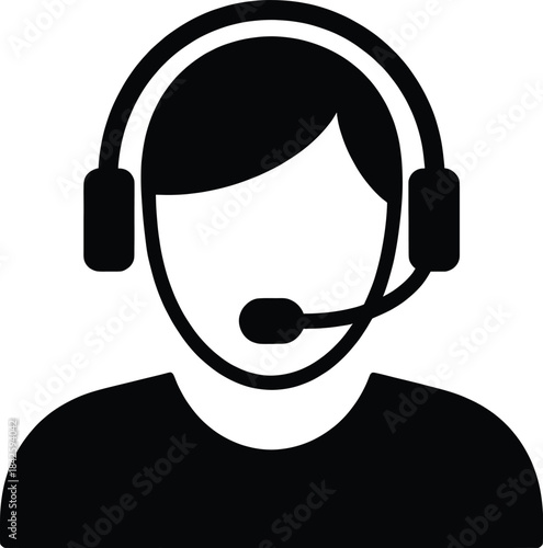 Black silhouette icon of a person wearing a headset with a microphone for customer service or support