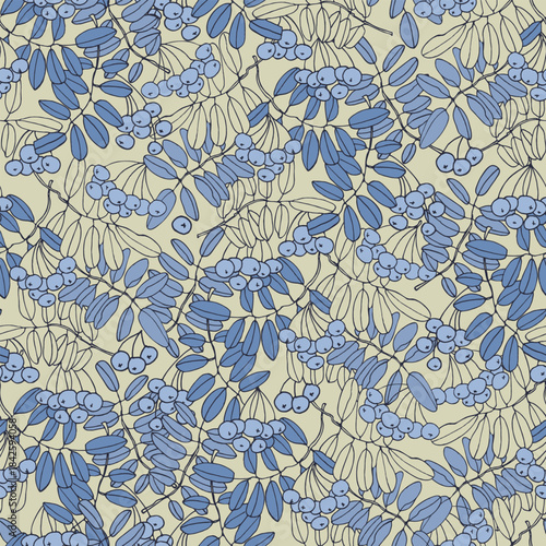 Seamless repeating pattern n Toile de Jouy style with rowan tree branches and ashberries. Vector illustration in blue colors on light-colored backgroud for surface design and other design projects
