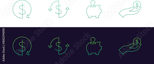 Money savings outline icon set with dollar flow arrows, circular cash transfer, piggy bank. Hand holding coin on light and dark backgrounds. Finance apps, budgeting dashboards and economy illustration