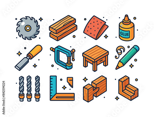 Woodworking Tools Isometric Icons. Woodworking. Colorful isometr