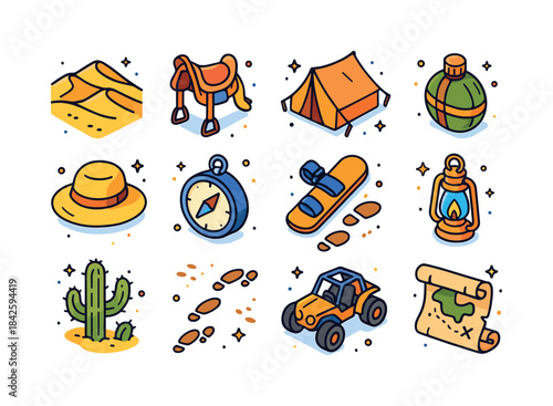 Desert Adventure Icons. Desert Adventure. Colorful isometric vec
