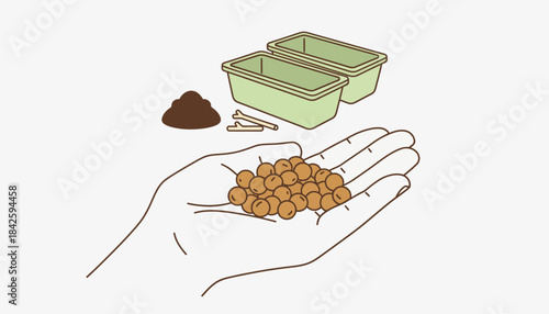 Closeup of a hand holding organic seeds ready for planting with biodegradable seed trays and natural planting materials in the background.