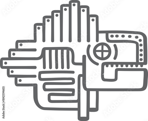 A black and white drawing of a fish with a mouth and a head