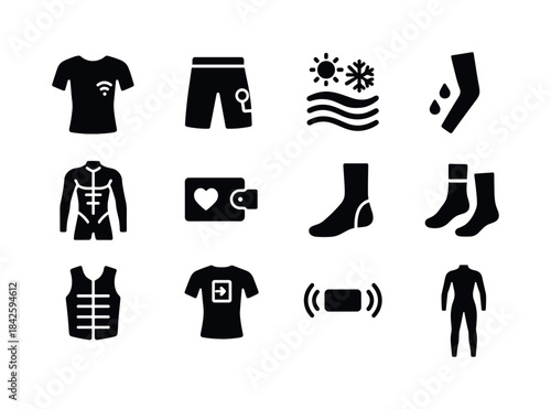 Smart Textile Icons. Smart textiles for athletes. Solid icon set