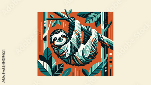 Artistic illustration of a sloth hanging from a tree branch vibrant colors.