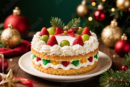Festive Delight: A meticulously crafted Christmas cake adorned with fresh strawberries, grapes, and decorative frosting sits amidst holiday ornaments. Capturing a sense of warmth.