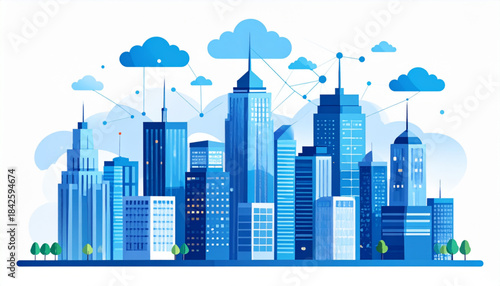 Vector Futuristic Business Center Cityscape with Cloud Data