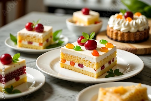 Delectable Cake Assortment: A captivating close-up of a delectable cake assortment. The composition highlights the intricate details of each creation.
