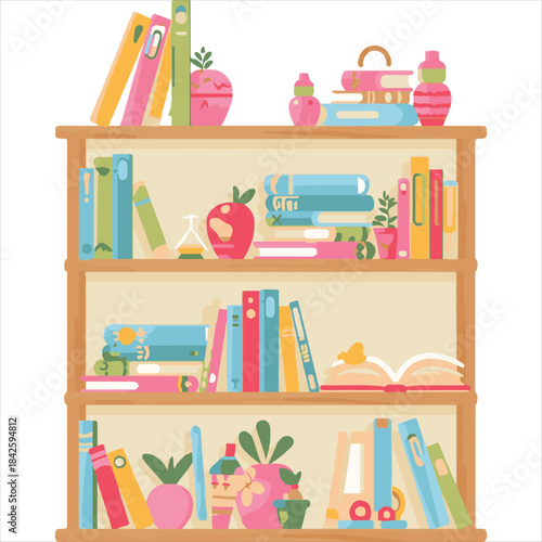 Kids Bookshelf Vector Illustration,Colorful Children Books on Shelf Art,Cute Nursery Room Bookshelf Vector'Educational Kids Room Interior DesignCartoon Style Books and Toys Vector.
