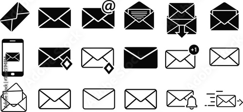 Email icons, envelope symbols, messaging UI elements, communication graphics, mail notifications, digital interface signs, mobile email, inbox visuals, vector set