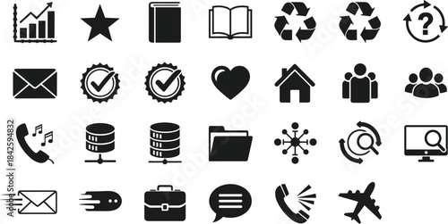 Essential black icons set for web, app, infographic, interface, business, communication, data, social, network, folder, chart, recycle, mail, heart, group, book, badge, airplane, briefcase, monitor