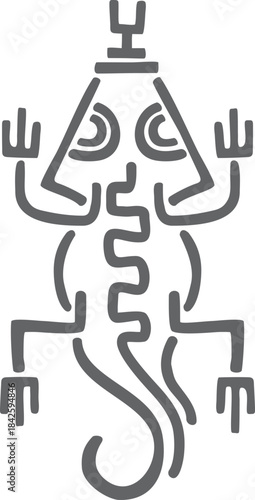 A stylized drawing of a lizard with a long tail