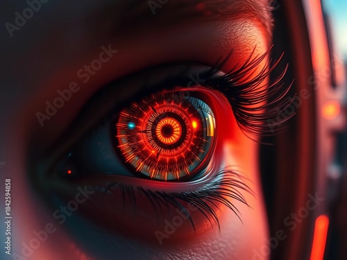 Cybernetic iris glimmers with electric umber, fractal pupil pulses in neon haze,  metallic,  iris