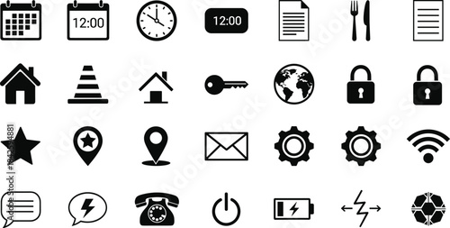 Essential UI icons set, black vector symbols, interface elements, mobile app graphics, web design tools, communication, settings, navigation, time, security