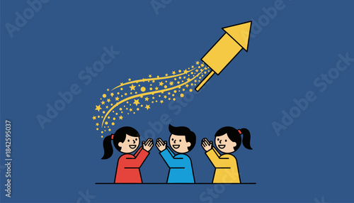 Children clap in awe as a massive firework shoots upwards leaving a trail of golden glitter in its wake.