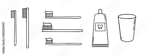 Toothpaste, toothbrush, dental cleaning equipment doodle hand drawn icon. Outline drawing toothpaste, toothbrush, line clipart symbol