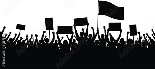Protest crowd silhouette, people raising fists, blank signs, activism, demonstration, unity, civil rights, social movement, black vector, political rally, flag