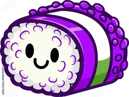 Cute sushi roll with a happy face and colorful design.