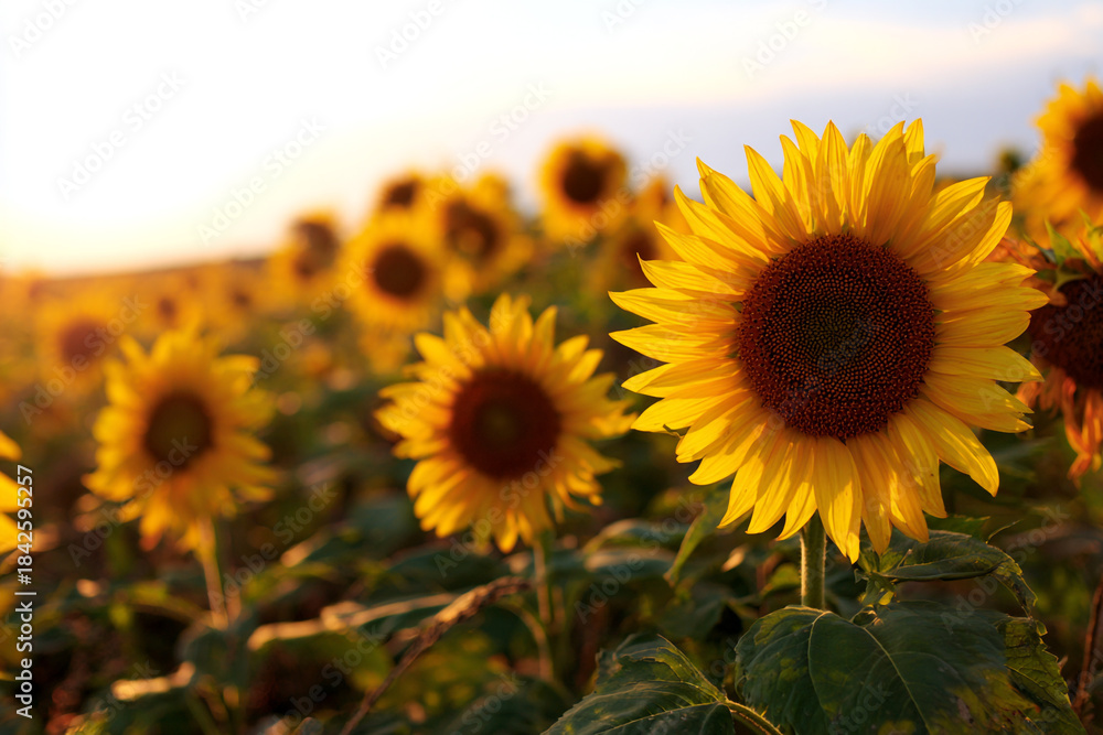 Obraz premium A field of sunflowers bathed in the warm glow of golden hour sunlight