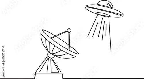 a satellite dish and a ufo in the sky.one line vector illustration with out background.